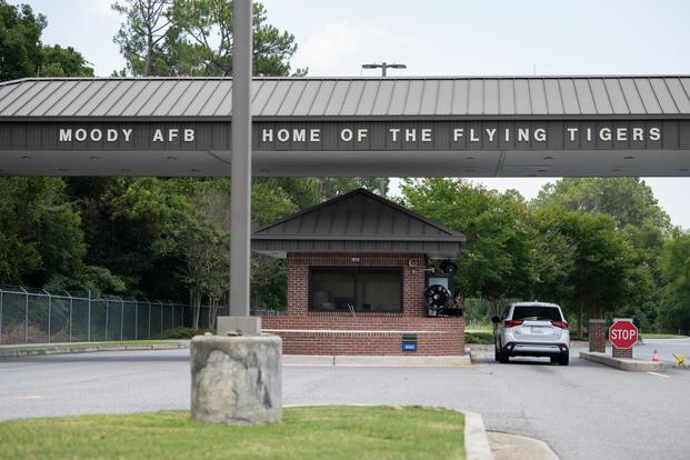 A car arrives at the entrance of a gate at Moody Air Force Base, Georgia, June 30, 2023. Thousands of vehicles enter and leave the base every day. (U.S. Air Force photo by Senior Airman Rachel Coates) A car arrives at the entrance of a gate at Moody Air Force Base, Georgia, June 30, 2023.