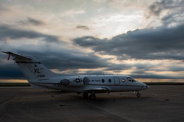 A lone Jayhawk T-1 sits awaiting for a pilot to take to the flight line on May. 18th 2021, at Laughlin Air Base, Texas.