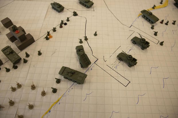 Pieces for the war game ‘Down Range’ are displayed at Marine Corps Base Camp Lejeune, North Carolina
