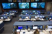 An overall view of the space station flight control room in the Mission Control Center at NASA's Johnson Space Center.